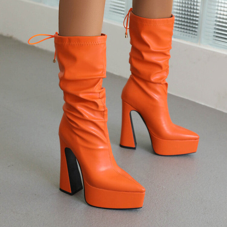 Women Pu Leather Pointed Toe Back Tied Straps Spool Heel Platform Mid-calf Boots
