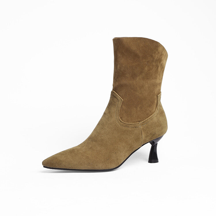 Women Flock Pointed Toe Stitch Spool Heel Ankle Boots