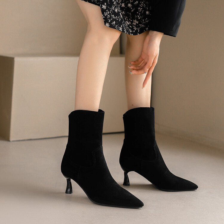 Women Flock Pointed Toe Stitch Spool Heel Ankle Boots