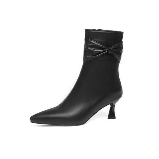Women Pu Leather Pointed Toe Side Bow Tie Spool Heel Ankle Boots