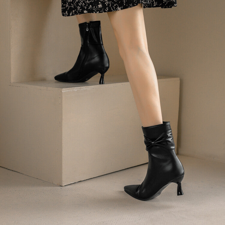 Women Pu Leather Pointed Toe Side Bow Tie Spool Heel Ankle Boots