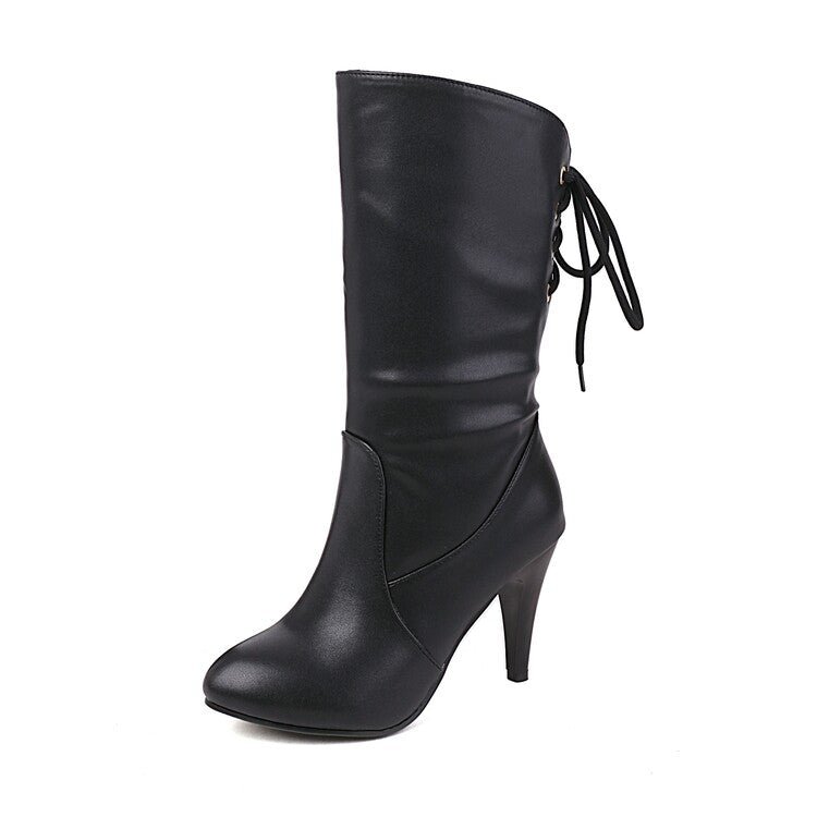 Women Pu Leather Round Toe Back Lace Up Cone Heel Mid-Calf Boots