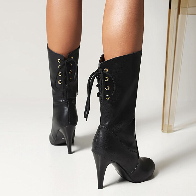 Women Pu Leather Round Toe Back Lace Up Cone Heel Mid-Calf Boots