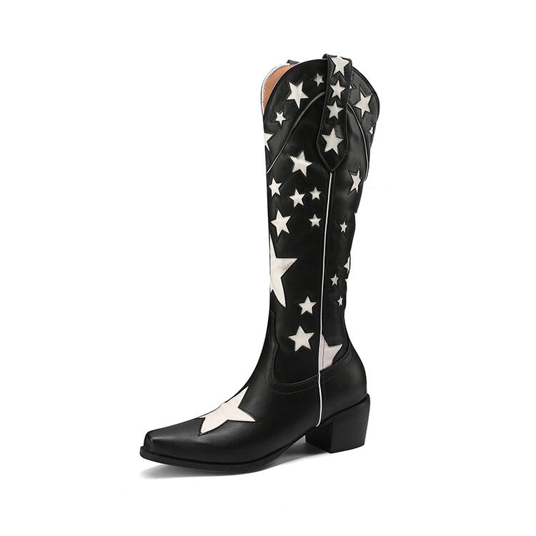 Women Side Zippers  Puppy Heel Cowboy Knee High Boots