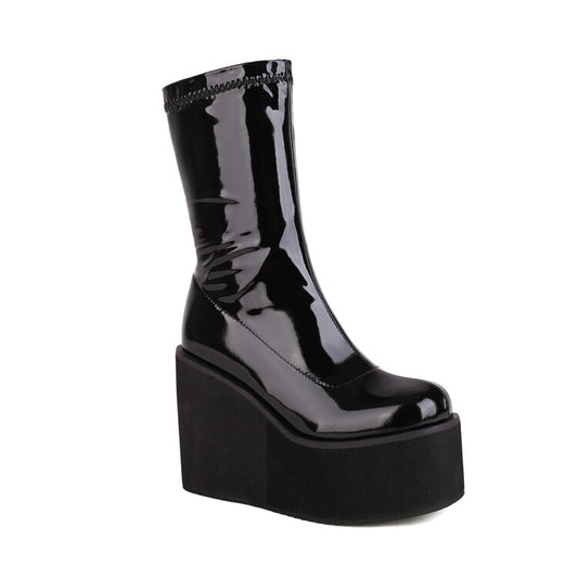 Women Glossy Round Toe Side Zippers Lace Up Wedge Heel Platform Mid-Calf Boots