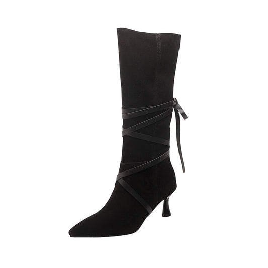 Women Flock Pointed Toe Entangled Straps Spool Heel Mid-Calf Boots