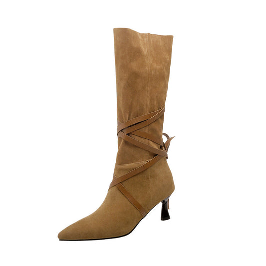 Women Flock Pointed Toe Entangled Straps Spool Heel Mid-Calf Boots