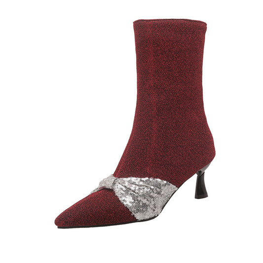 Women Sparkling Sequins Pointed Toe Spool Heel Ankle Boots