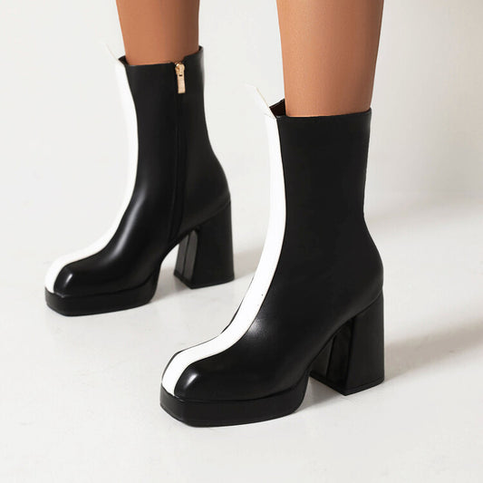 Women Bicolor Square Toe Side Zippers Block Chunky Heel Platform Short Boots