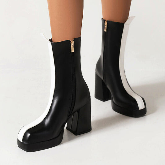 Women Bicolor Square Toe Side Zippers Block Chunky Heel Platform Short Boots