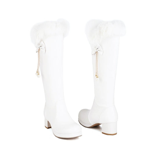 Women Fur Pearls Block Heel Platform Knee-High Boots
