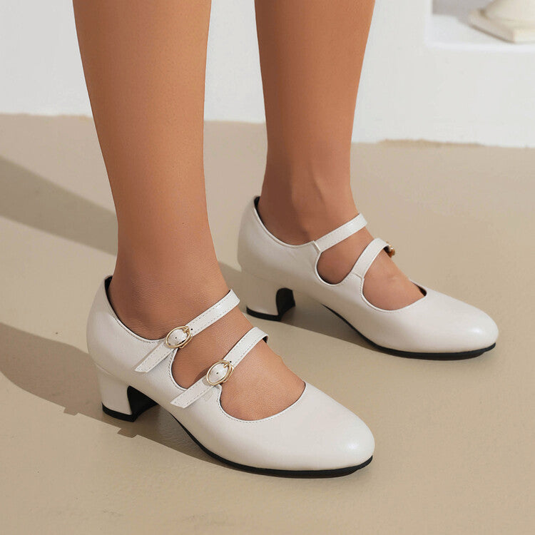 Women Round Toe Mary Janes Buckle Straps Block Chunky Heel Pumps
