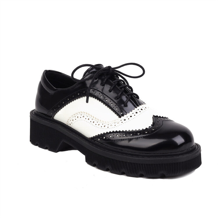 Women Bicolor Round Toe Lace-Up Flat Oxford Shoes