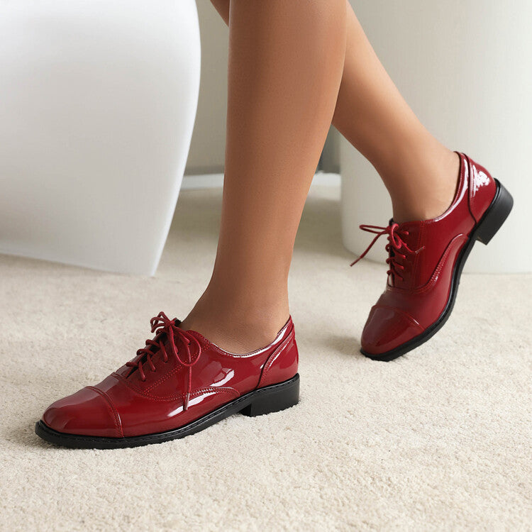 Women Glossy Round Toe Lace-Up Flat Oxford Shoes