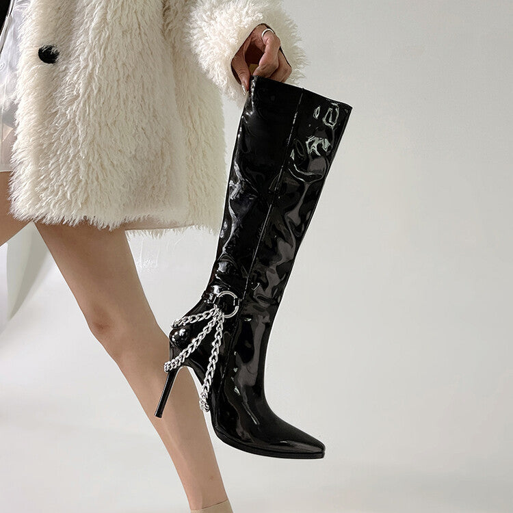 Women Glossy Pointed Toe Metal Chains Stiletto Heel Knee-High Boots