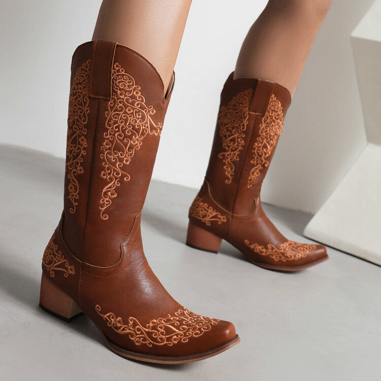 Women Ethnic Pu Leather Pointed Toe Patchwork Embroidery Low Heels Cowboy Mid-calf Boots