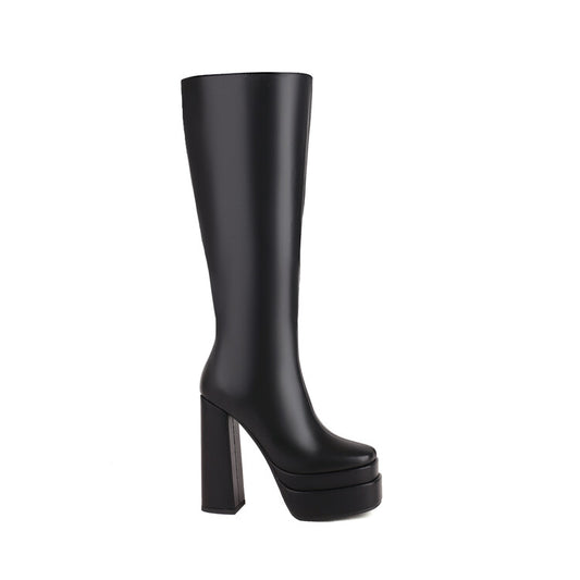 Women Frosted Pu Leather Square Toe Block Chunky Heel Side Zippers Platform Knee High Boots