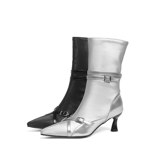 Women Glossy Pointed Toe Buckle Straps Middle Heel Ankle Boots