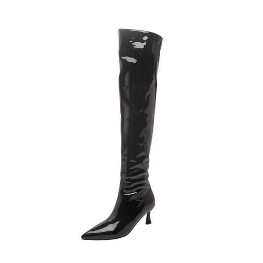 Women Glossy Pointed Toe Side Zippers Stiletto Heel Over-the-Knee Boots