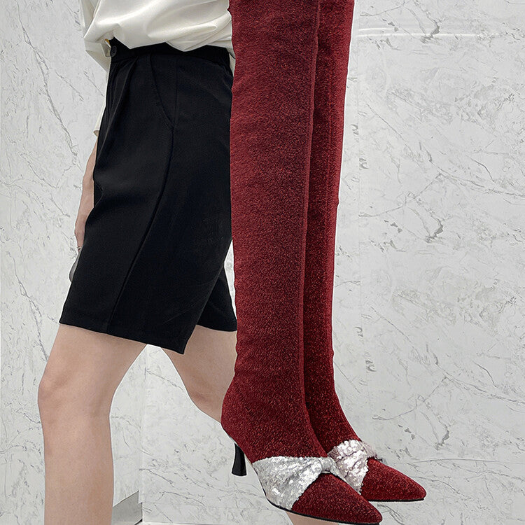Women Pointed Toe Glitter Bowtie Stiletto Heel Over-the-Knee Boots