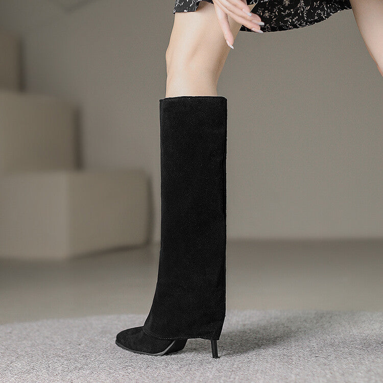 Women Pointed Toe Fold Stiletto Heel Knee-High Boots