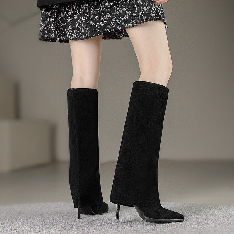 Women Pointed Toe Fold Stiletto Heel Knee-High Boots