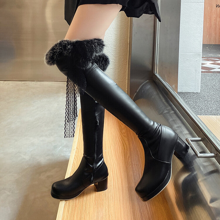 Women Lace Fur Block Heel Platform Over-The-Knee Boots