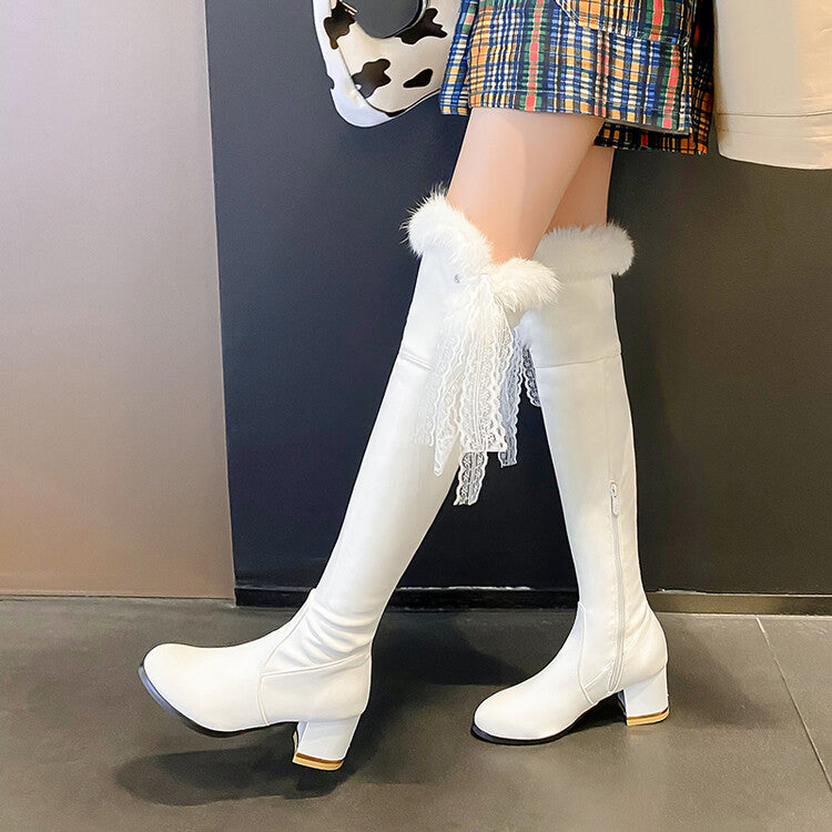 Women Lace Furry Block Heel Over-The-Knee Boots