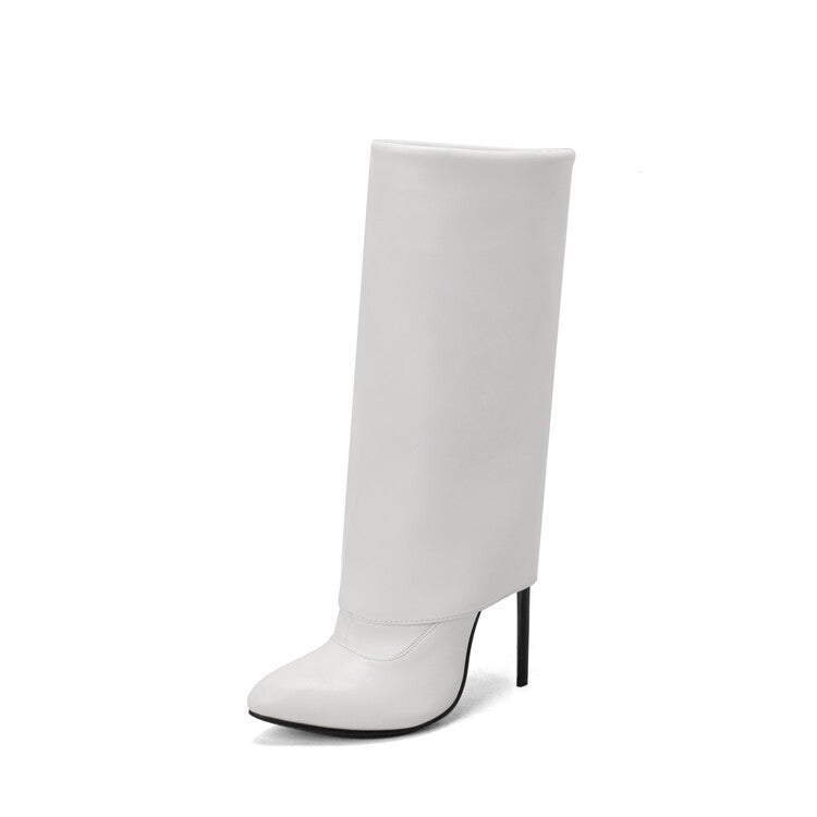 Women Pu Leather Pointed Toe Side Zippers Fold Stiletto Heel Mid-Calf Boots