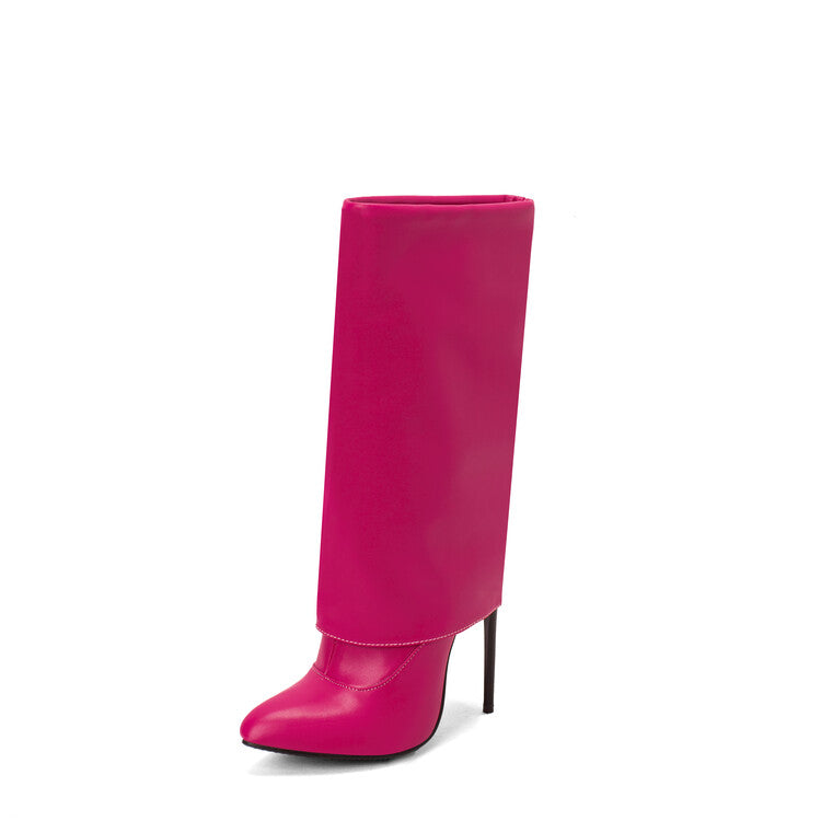 Women Pu Leather Pointed Toe Side Zippers Fold Stiletto Heel Mid-Calf Boots