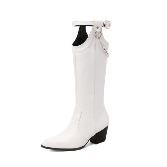 Women Pointed Toe Buckle Straps Side Zippers Metal Chains Puppy Heel Mid-Calf Boots