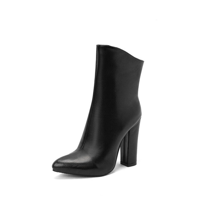 Women Sparkling Patent Side Zippers Pointed Toe Block Chunky Heel Mid-Calf Boots