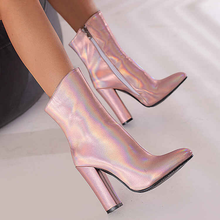 Women Sparkling Patent Side Zippers Pointed Toe Block Chunky Heel Mid-Calf Boots