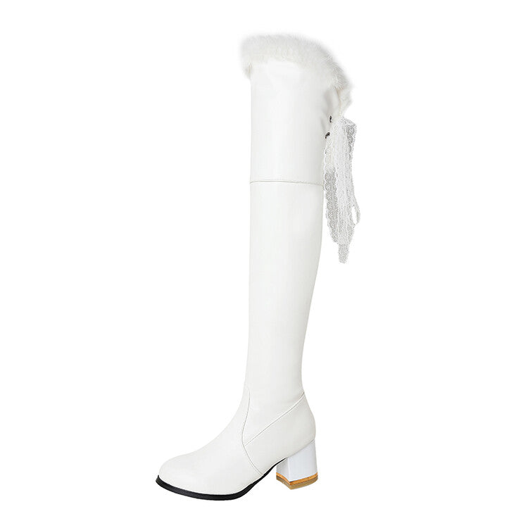Women Lace Furry Thick Heel Over-The-Knee Boots