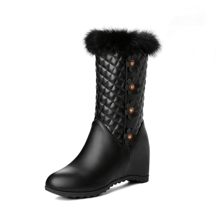 Women Round Toe Lattice Fur Wedge Heel Inside Heighten Mid Calf Boots