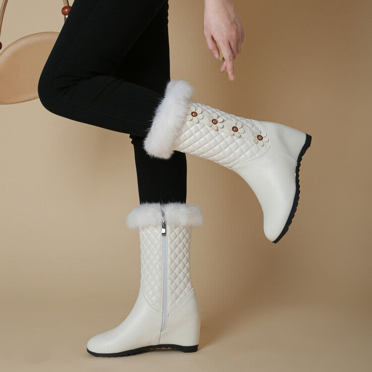 Women Round Toe Lattice Fur Wedge Heel Inside Heighten Mid Calf Boots