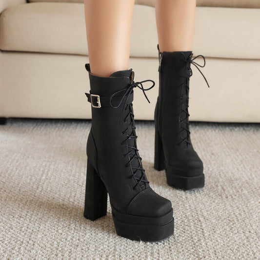 Women Square Toe Lace Up Buckle Straps Block Chunky Heel Platform Side Zippers Short Boots
