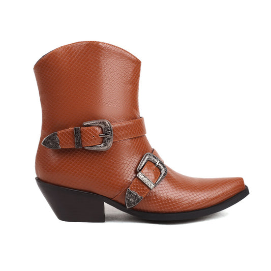 Women Pointed Toe Beveled Heel Buckle Straps Mid Calf Western Boots
