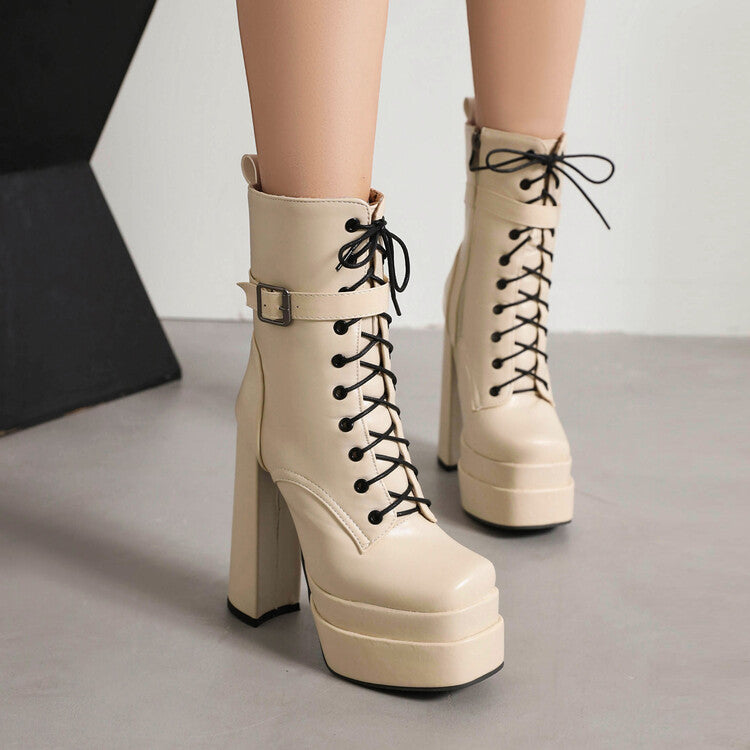 Women Square Toe Lace-Up Buckle Straps Side Zippers Block Chunky Heel Platform Short Boots