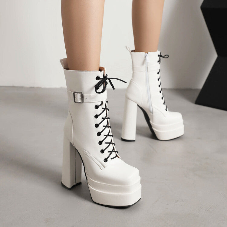 Women Square Toe Lace-Up Buckle Straps Side Zippers Block Chunky Heel Platform Short Boots