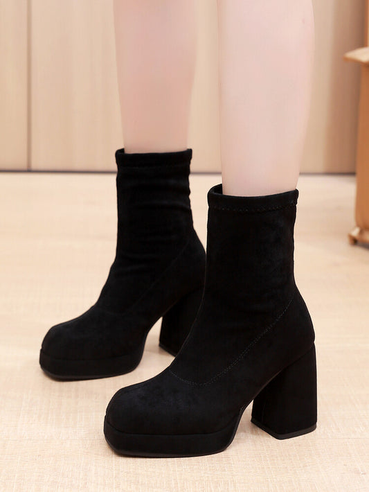 Women Square Toe Velvet Block Chunky Heel Platform Short Boots