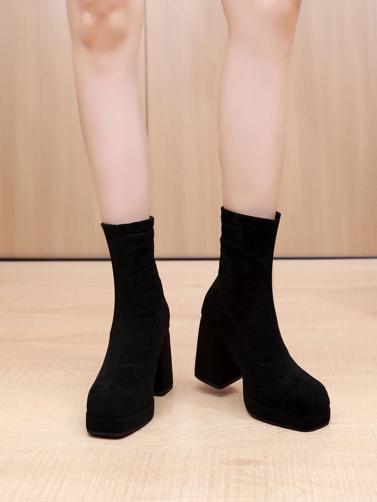 Women Square Toe Velvet Block Chunky Heel Platform Short Boots