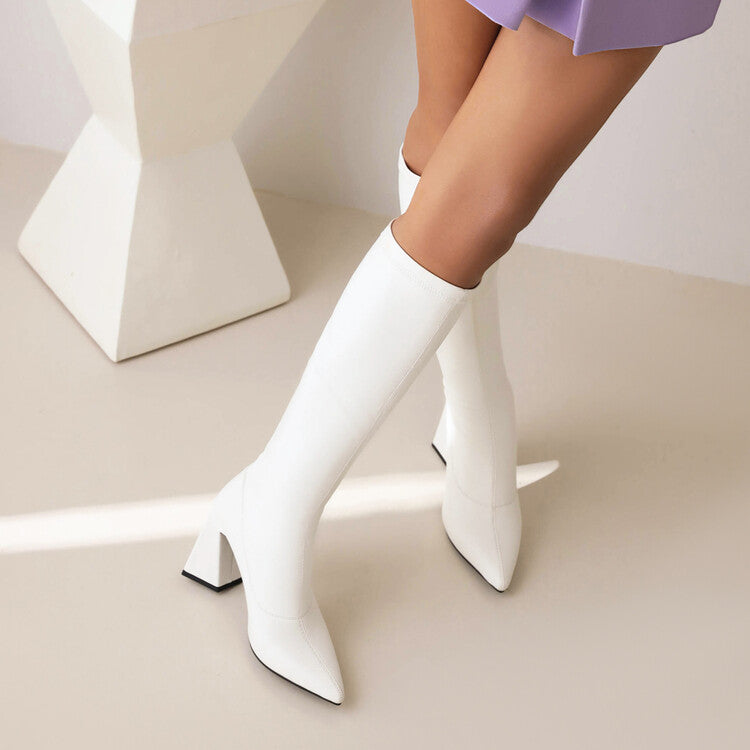 Women Pointed Toe Block Heel Knee High Boots