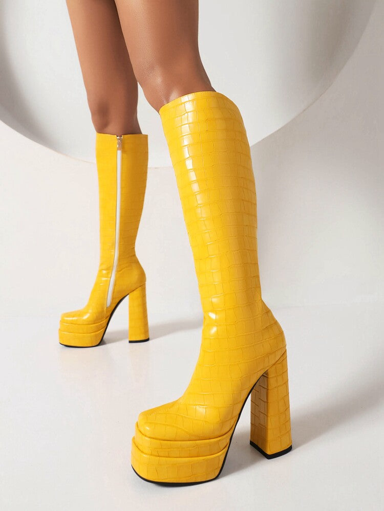 Women Zippers Square Toe Chunky Heel Platform Knee High Boots