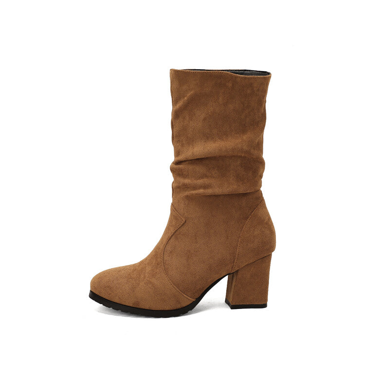 Women Round Toe Slouch Block Chunky Heel Mid-Calf Boots