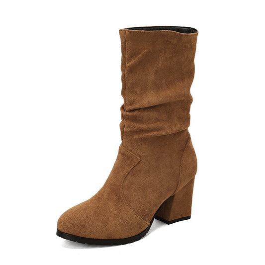 Women Round Toe Slouch Block Chunky Heel Mid-Calf Boots