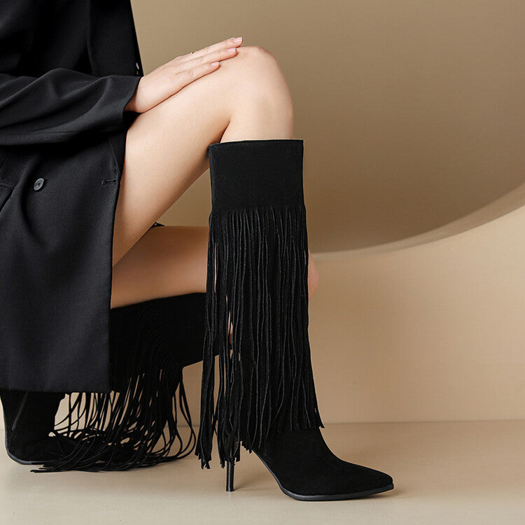 Women Pointed Toe Tassel Stiletto Heel Knee-High Boots