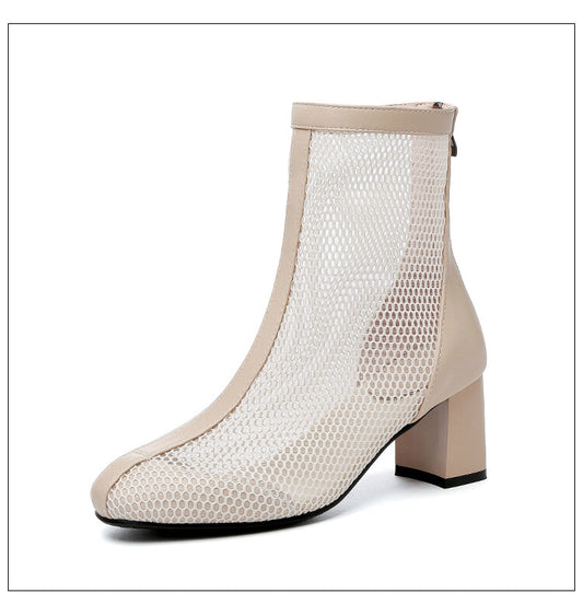 Women Ankle Boots Pointed Toe Mesh Block Chunky Heel Booties