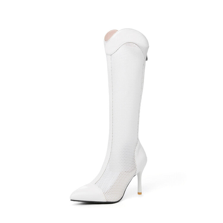 Women Pointed Toe Mesh Stiletto Heel Knee High Boots