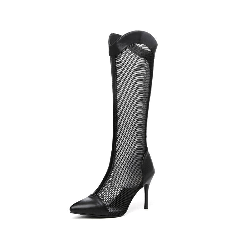 Women Pointed Toe Mesh Stiletto Heel Knee High Boots